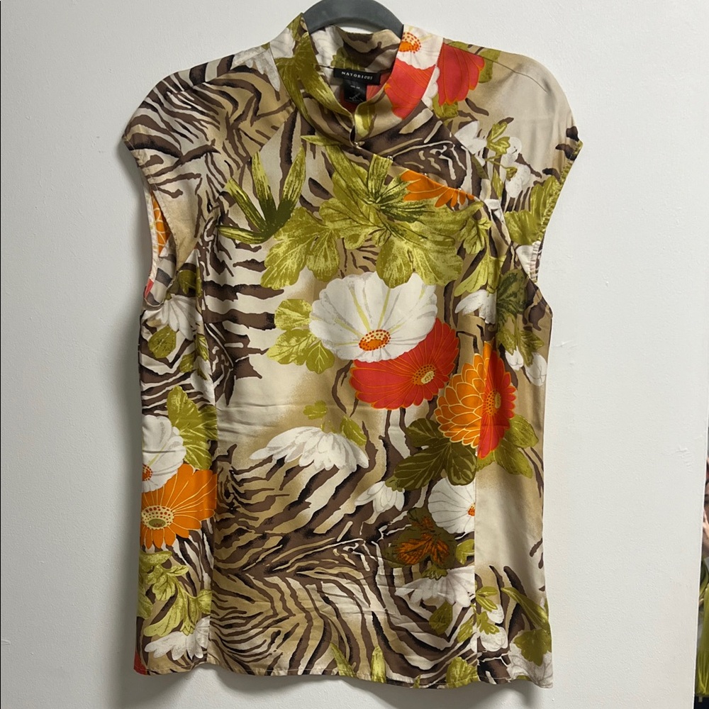 Natori Tan Brown Orange Green Floral Tiger Print Mandarin Collar Silk Blouse Lrg